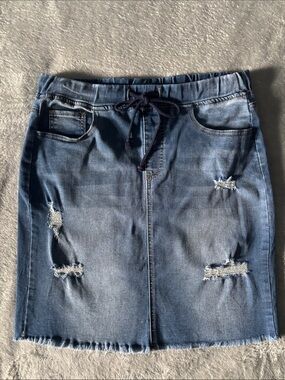 Distressed Blue Denim Drawstring Mini Skirt